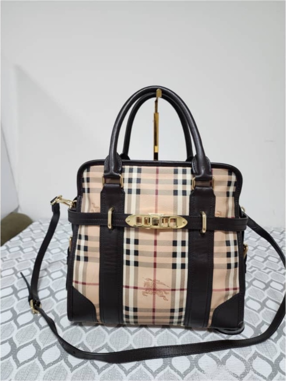 Authentic Burberry Haymarket Check Top Handle/Satchel Bag Brown/Beige
